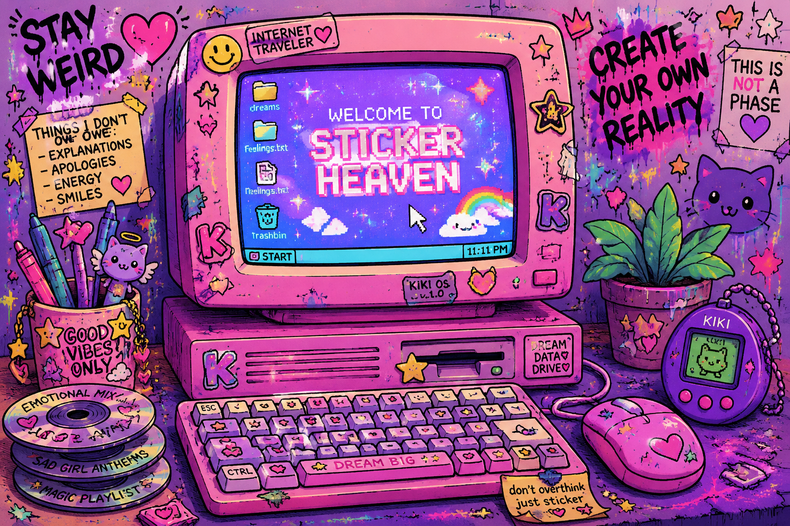 Computadora vieja kawaii con pantalla brillante