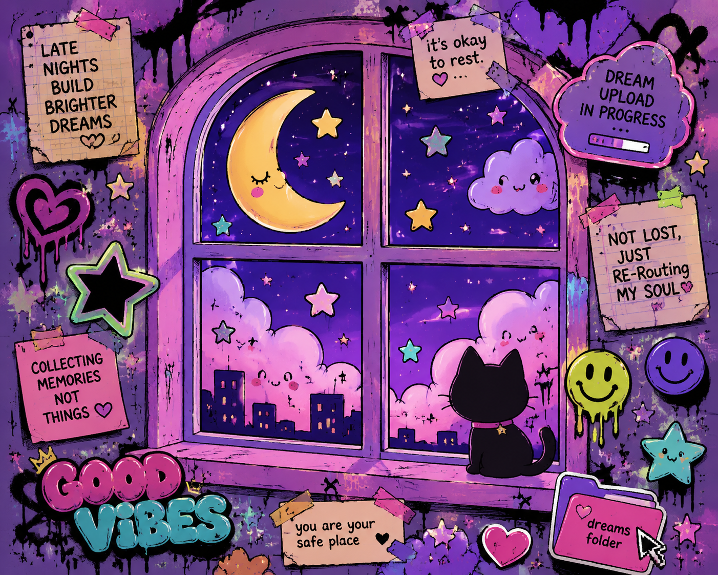 Ventana con luna estrellas y cielo lavanda